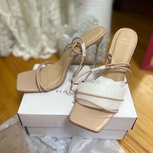 “Halston Heritage” “Nude” Strappy Square-Toe Heeled Spiked (4) inch SZ: (8.5)